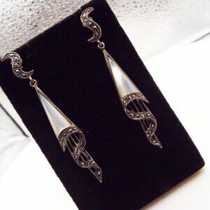 PHANTOM OF THE OPERA STERLING MOP MARCASITE FLOWING DRAPERY PIERCED EARRINGS 73